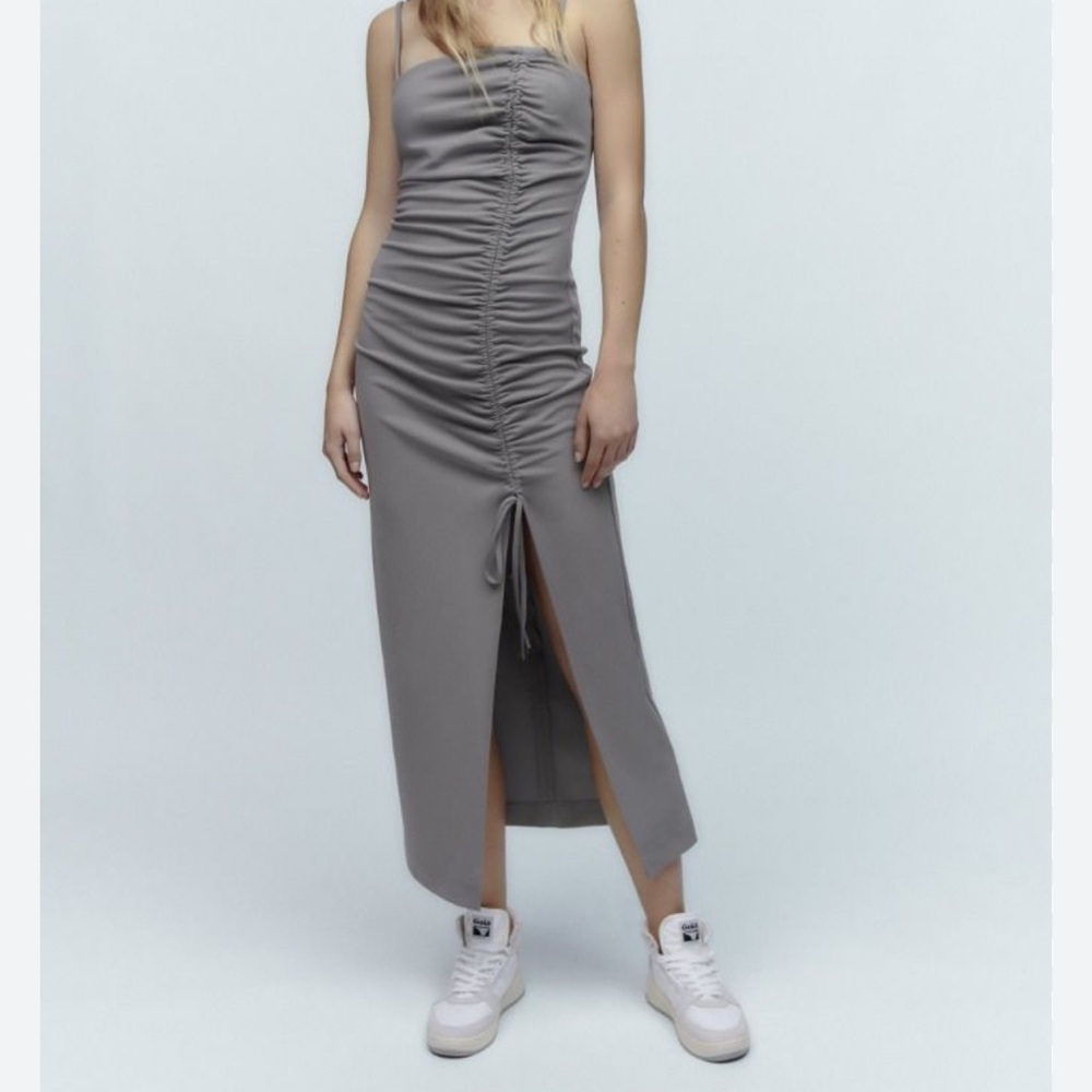 Zara Gray Ruched Midi Dress
